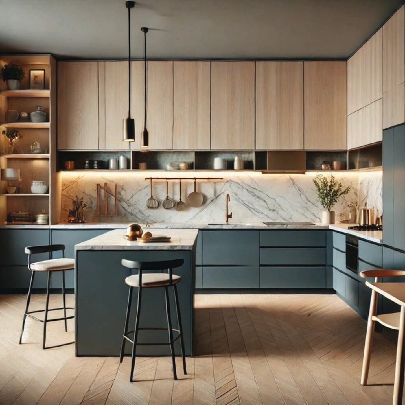 Sage green modular kitchen with marble island, styled by Frauen Decor