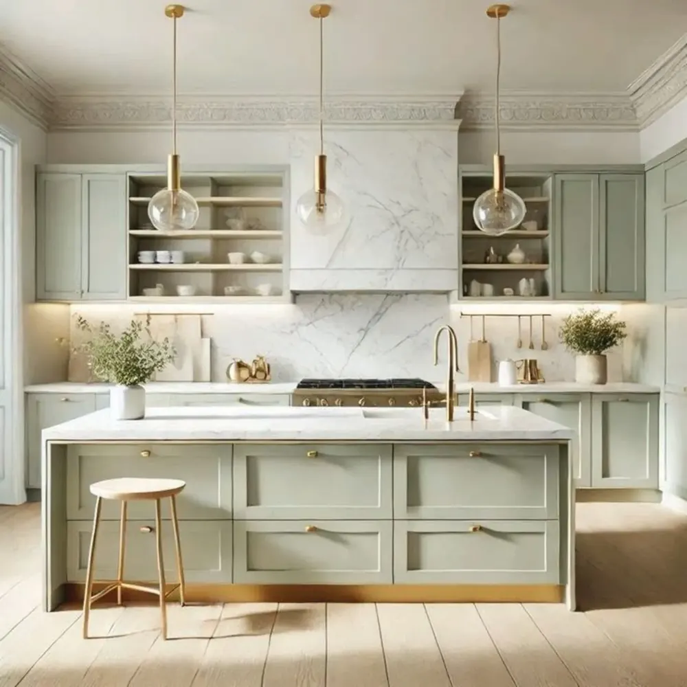 Sage green modular kitchen with brass pendant lighting, Frauen Decor Ghaziabad interior project