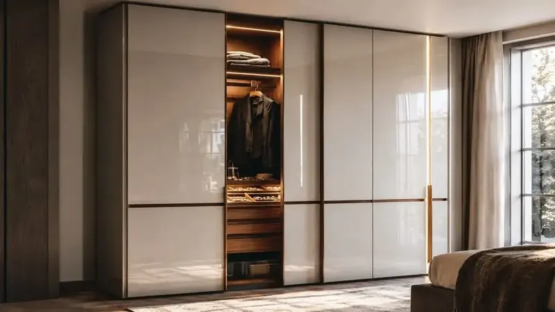 Wardrobe with laminate and glass finish installed by Frauen Decor in Noida
